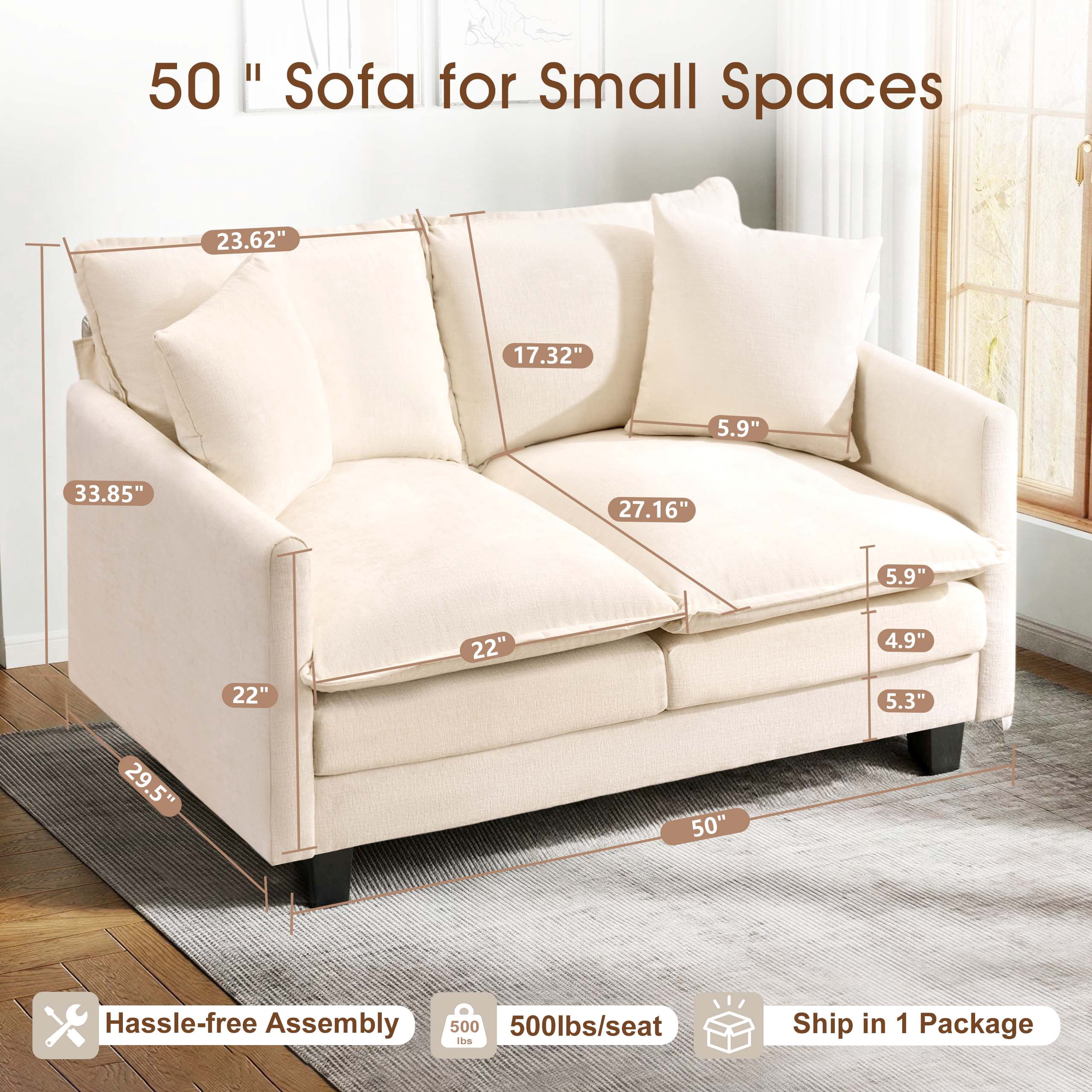 Dioepic Cloud-Comfort Deep Seat Chenille 2-Seat Small Spaces Loveseat Sofa 50” with 2 Pillows, Beige