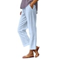 thumbnail image 2 of Linen Pants Women Elastic Waist Straight Leg Petite Beach Striped Pant Summer Casual Lounge Trousers Blue S, 2 of 6