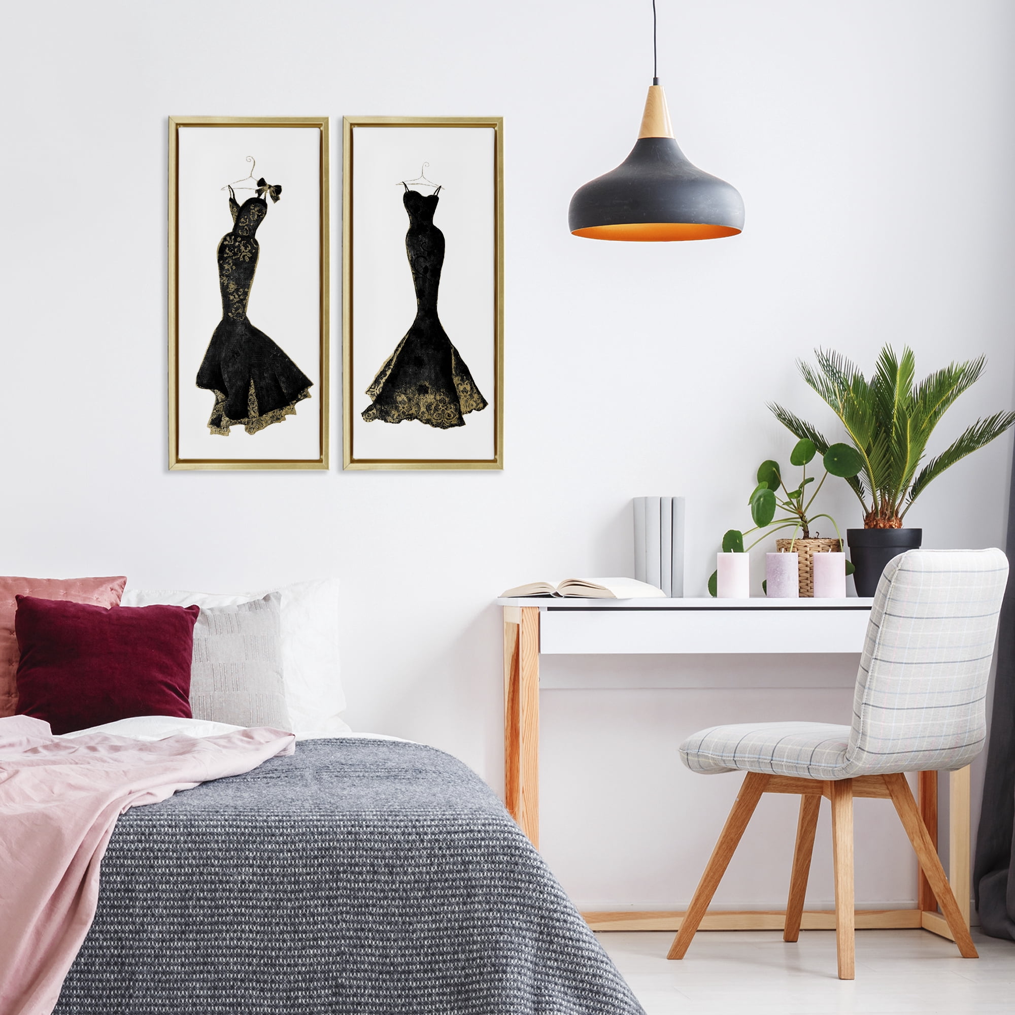 Stupell Industries Gilded Black Evening Gowns 2 Piece Gold Framed Floater Canvas Set, design by Janet Tava
