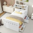 thumbnail image 2 of Euroco Wood Twin Size Platform Bed with Storage Headboard, Captain Bed with 4 Drawers, Bookcase and Cabinets for Kids Teens, White, 2 of 14