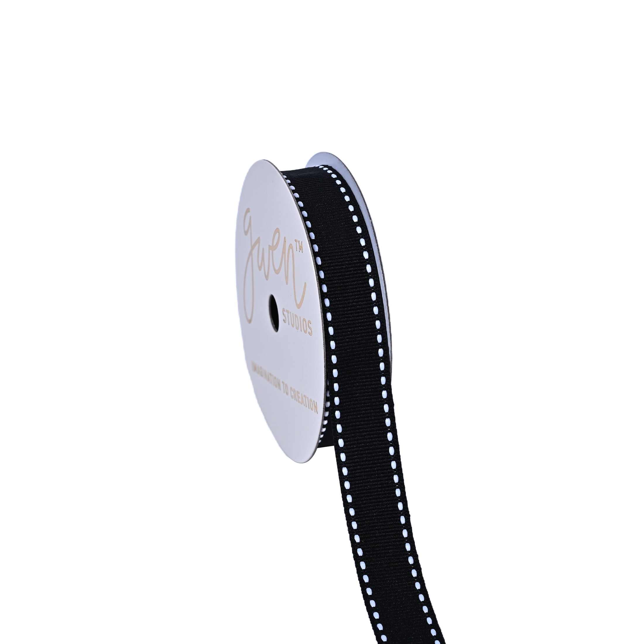 Gwen Studios 5/8" White Saddle Stitch on Black Grosgrain Ribbon, 3 yards