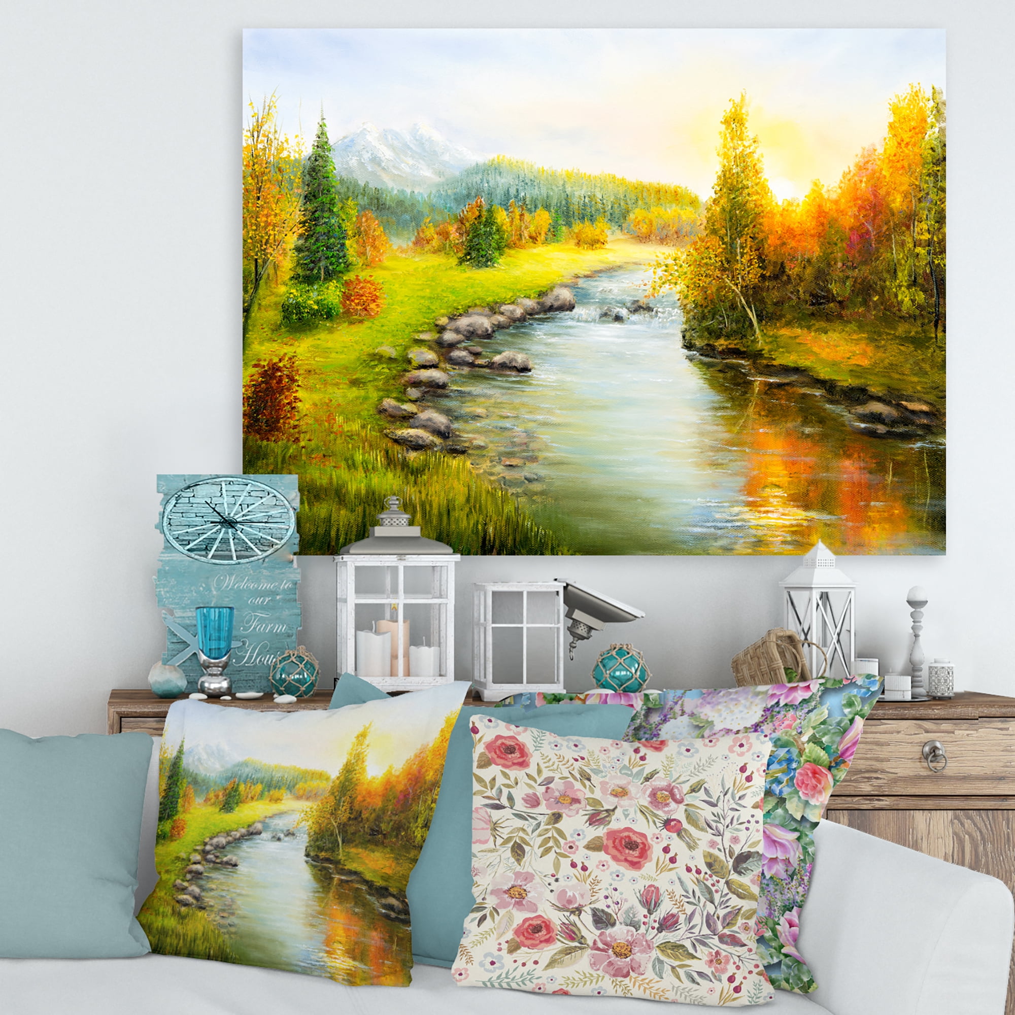 Designart ' Autumn Landscape With Forest River and Mountains ' Lake House Canvas Wall Art Print