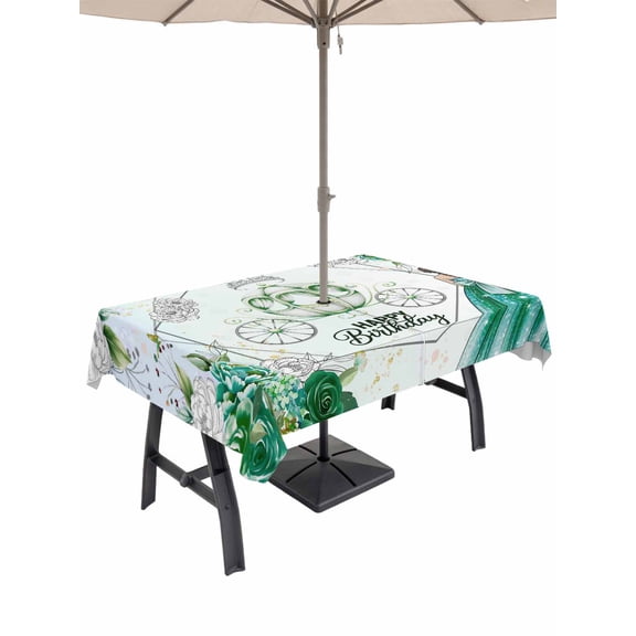 Outdoor Tablecloth with Umbrella Hole and Zipper, Happy Birthday Rectangle Table Cloth 60x120 Inch Waterproof Tablecloth, Green Dress Crown Carriage Flowers Butterfly Picnic Table Cover for Patio
