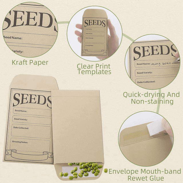 200PCS Seed Packets Envelopes: Self Sealing Kraft Small Seed Envelopes for Seed Storage Resealable Seed Saving Envelopes