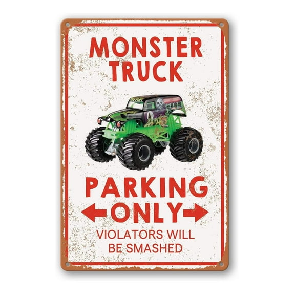 Size: 12x8 Inches Monster Truck Room Decor For Boys Monster Sign Vintage Metal Tin Signs Monster Truck Parking Only Violators Will Be Smashed Wall Decor Room Door