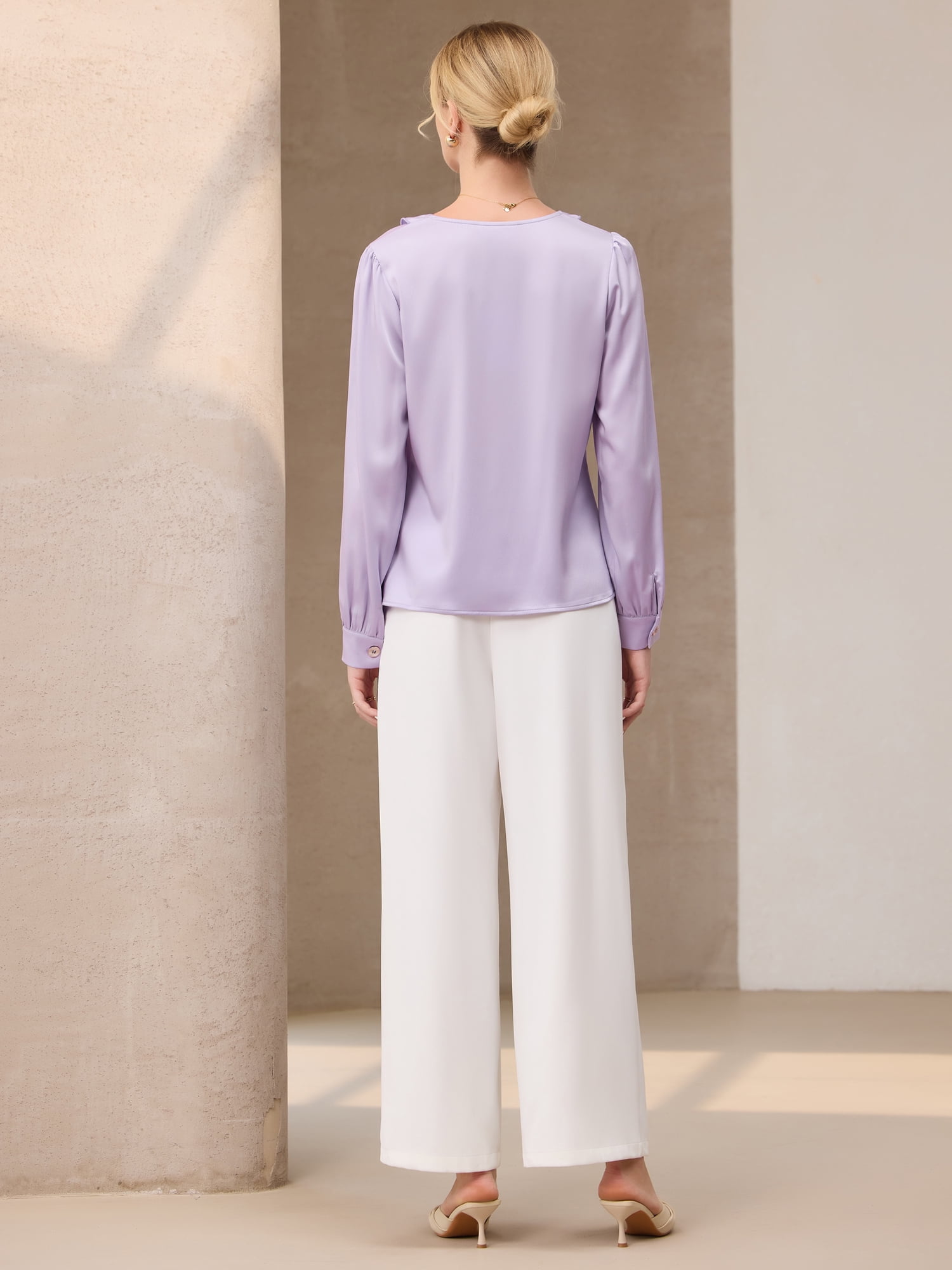DARING DIVA Women's Satin Ruffle V Neck Long Sleeve Casual Blouse L Light Purple