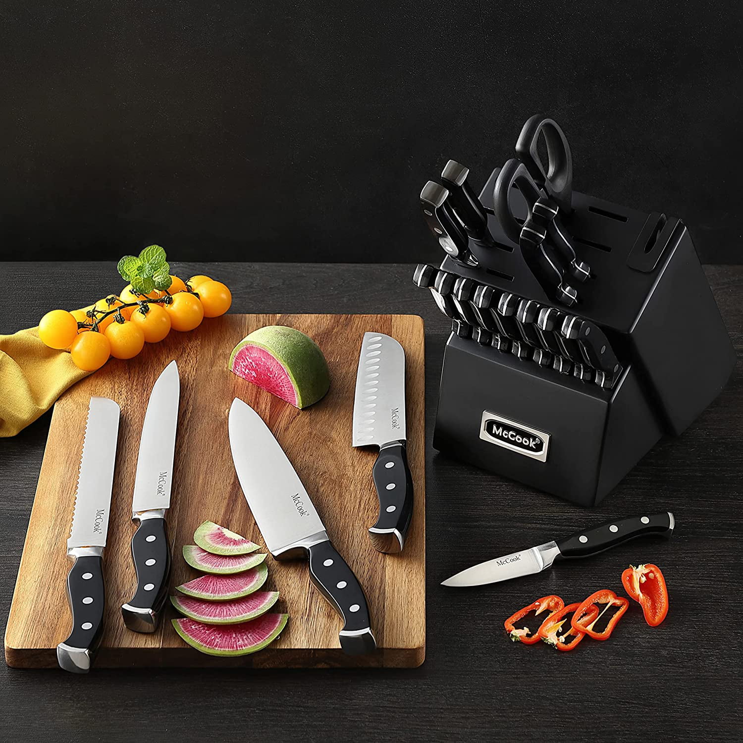 Knife Sets,McCook Mc65g 20 Piece German Stainless Steel Forged Kitchen Knife Block Set, Cutlery Set with Gray Block, Black