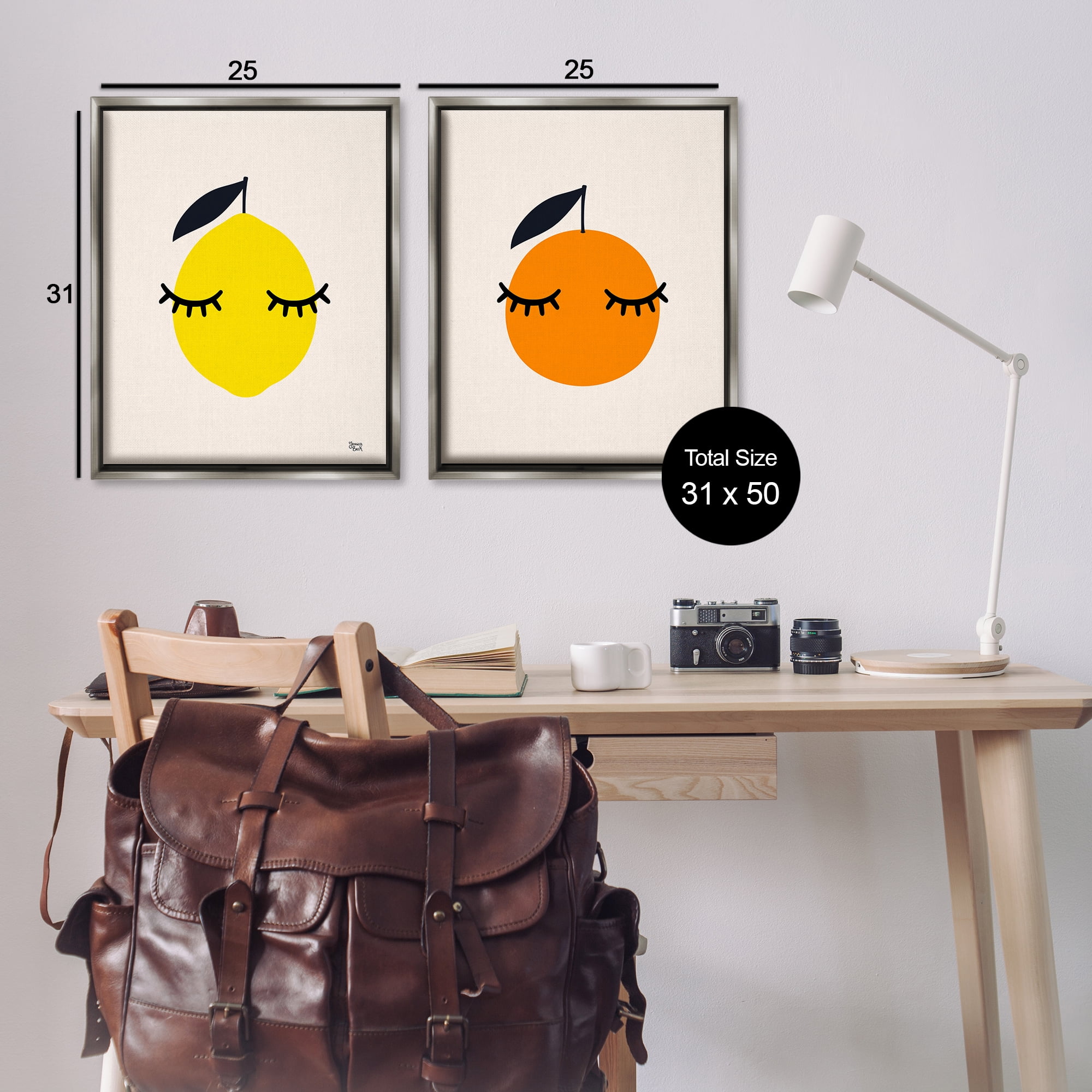 Stupell Industries Lemon & Orange with Eyelashes Food & Beverage Painting Gray Floater Framed Canvas Art Print Wall Art, 31 x 25, Set of 2