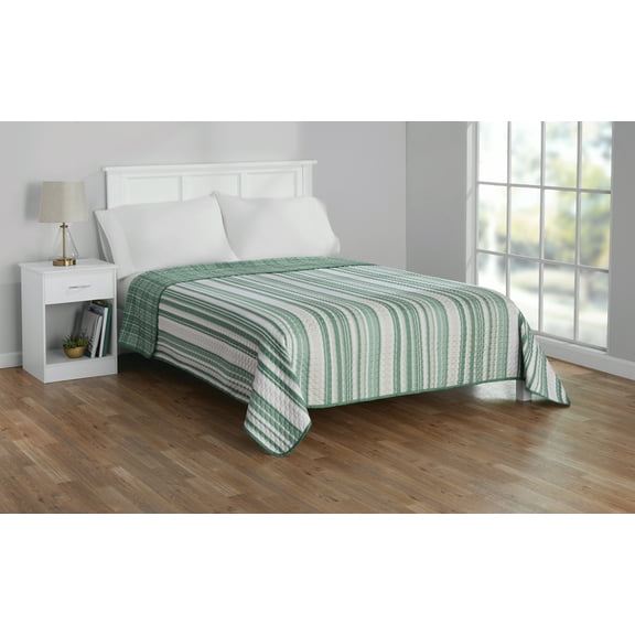 Mainstays Green Vertical Stripe Microfiber Quilt, Full/Queen - Reversible