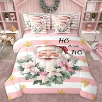 Manfei Funny Santa Claus Twin Bedding Sets 7-Piece for Kid, Kawaii Christmas Floral Bedding Comforter Set, Pink Stripes Abstract Reversible Sheet Sets, Luxury Bedroom Decor