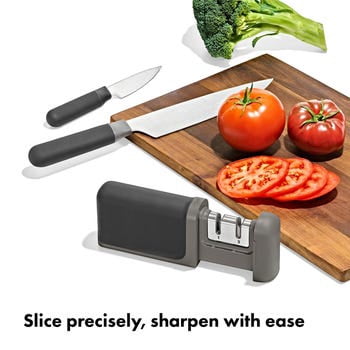 OXO 3-Piece Kitchen Knife and Knife Sharpener Set, Stainless Steel Prep Knives for Everyday Food Prep