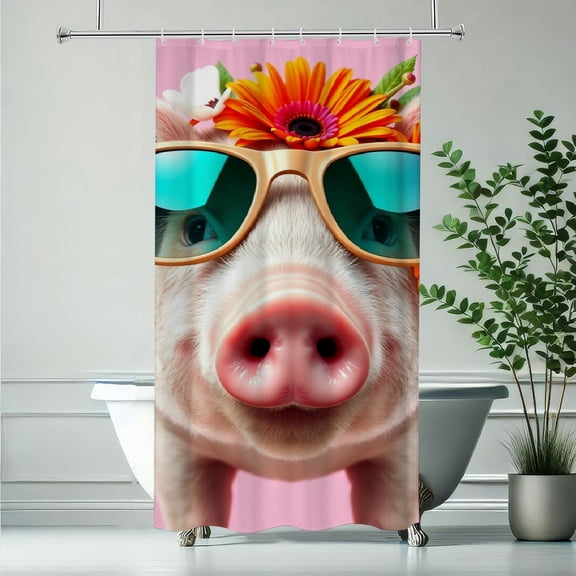 RKSupls Cute Pig with Sunglasses Shower Curtain, Valentine's Day Waterproof Shower Curtain with Hooks for Home Bathtub Bathroom Decor Washable Fabric Curtains,90x180cm