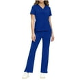 thumbnail image 2 of DJDLJWCJ Women Scrub Sets 2 Pieces Solid V-Neck Short Sleeve Caregiver Tops Comfy Drawstring Elastic Waist Long Pants Nurse Uniform Blue 2XL, 2 of 9