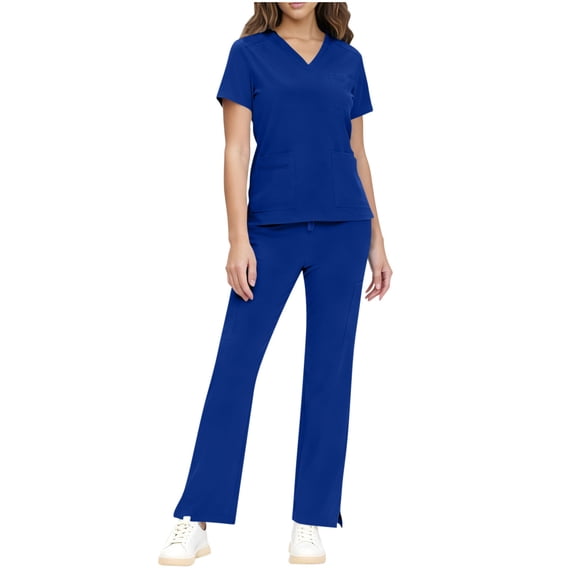 REALiKUN Women's V-Neck Scrub Set Top and Straight Leg Pants with Pockets Medical Nursing Uniform Workwear
