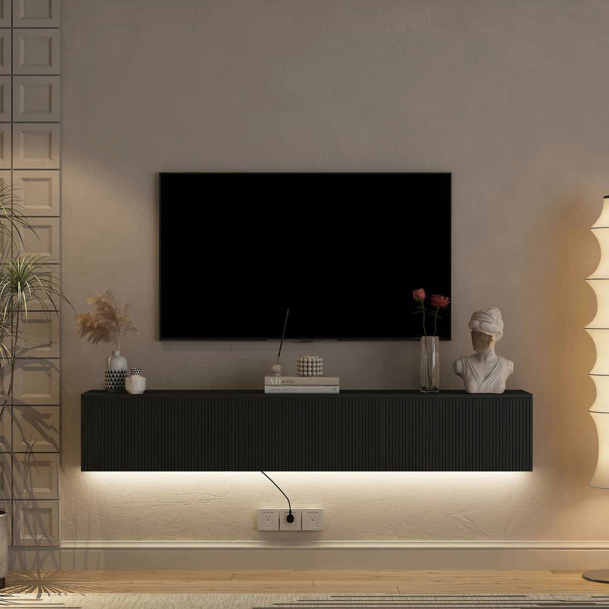 Kadyn TV Console Table, Entertainment Center,TV Stand,Floating TV Stand Wall Mounted with 16 Color LEDs,69" Modern Entertainment Center for 55 60 65" TV, Black