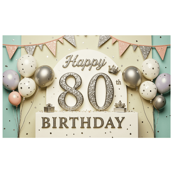 Elegant Crown Happy Birthday Banner Decorative Milestone 80th Celebration for Birthday Party Event Indoor