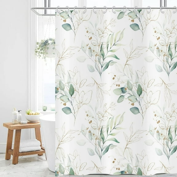 Eucalyptus Leaf Shower Curtains, Weighted Bottom Sage Green Watercolor Botanical Plants with Gold Branches Spring Fabric Bathroom Curtain Home Decor Waterproof Washable with 12 Hooks,72"x72"