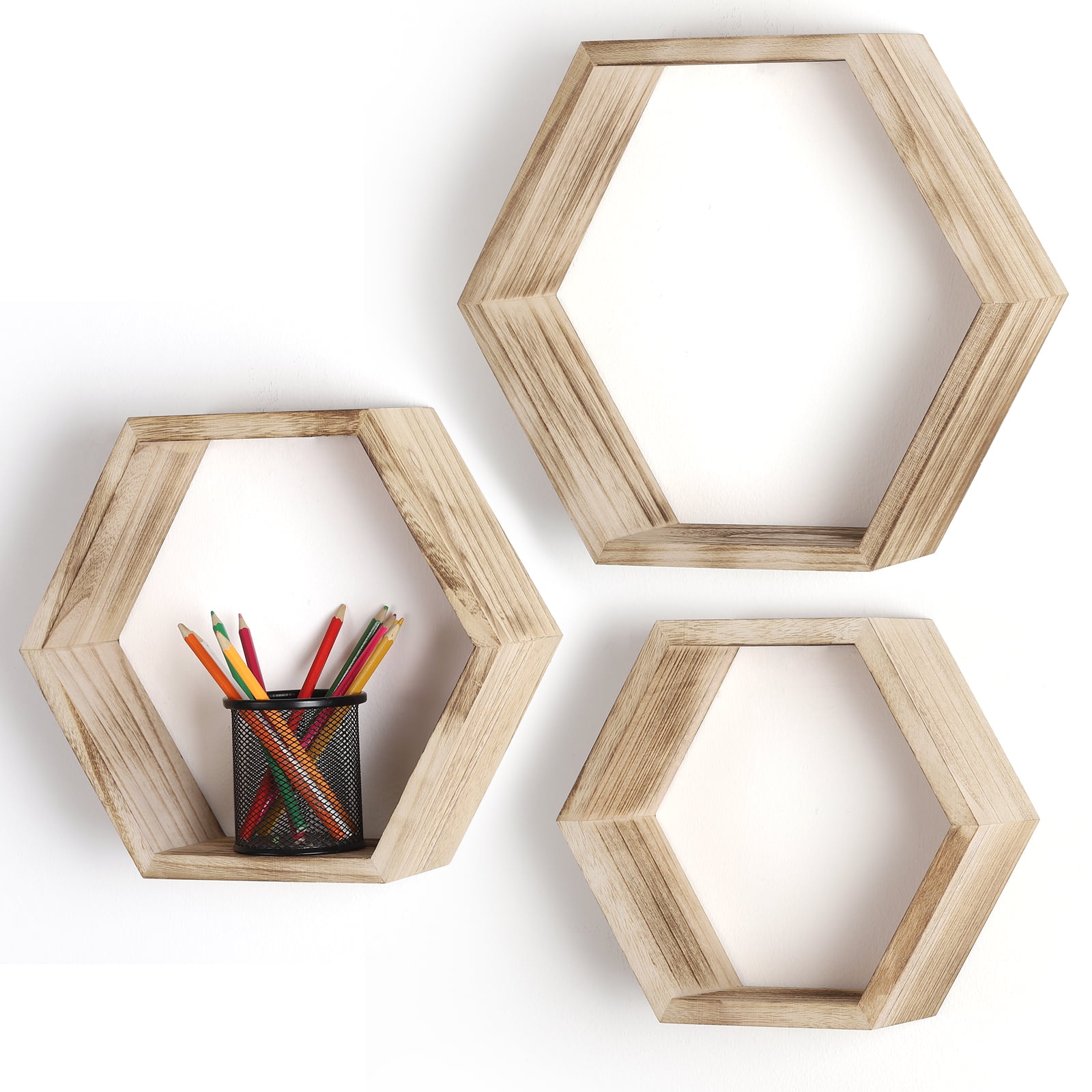 Wooden Hexagon Rustic Floating Shelves Set of 3 in Light