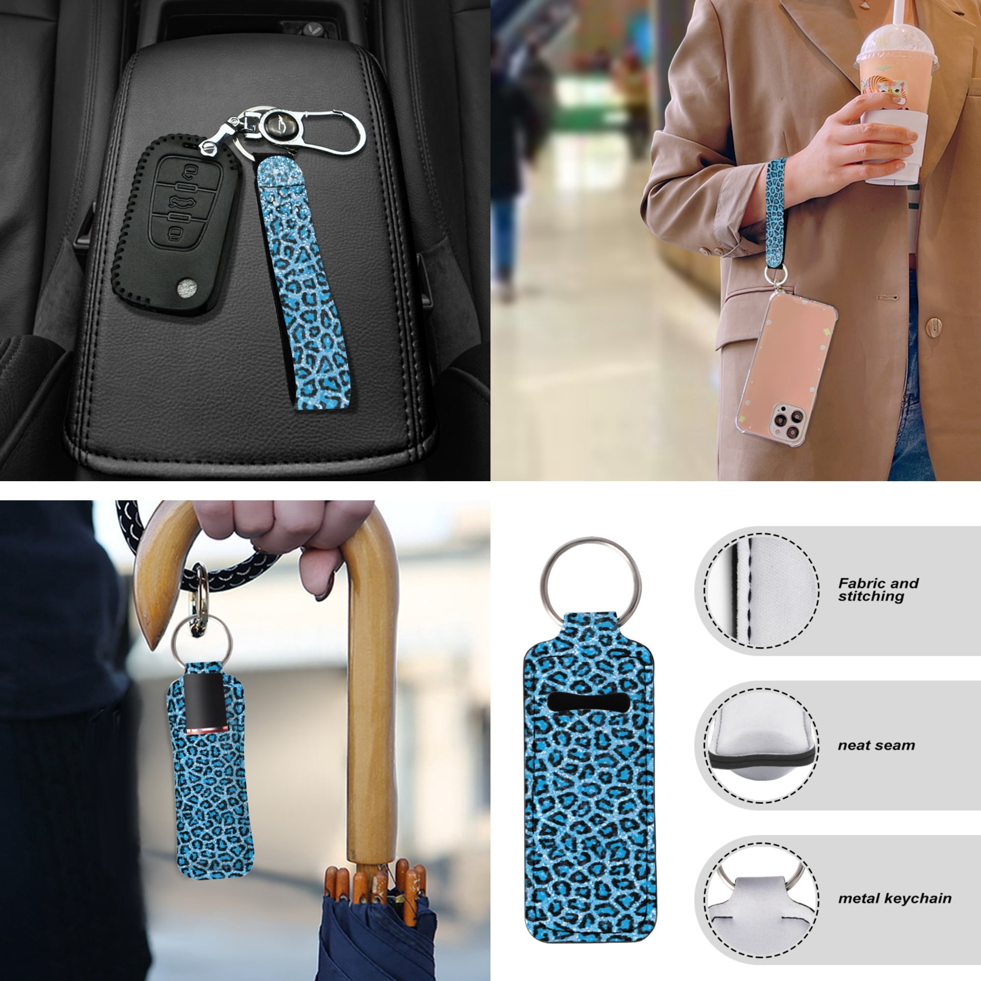 Jeiento Blue Leopard Print 13 PCS Car Seat Cover Full Set, Steering Wheel Seat Belt Center Console Cover Coaster Keychain Chapstick Holder Universal Fit for Most Vehicles