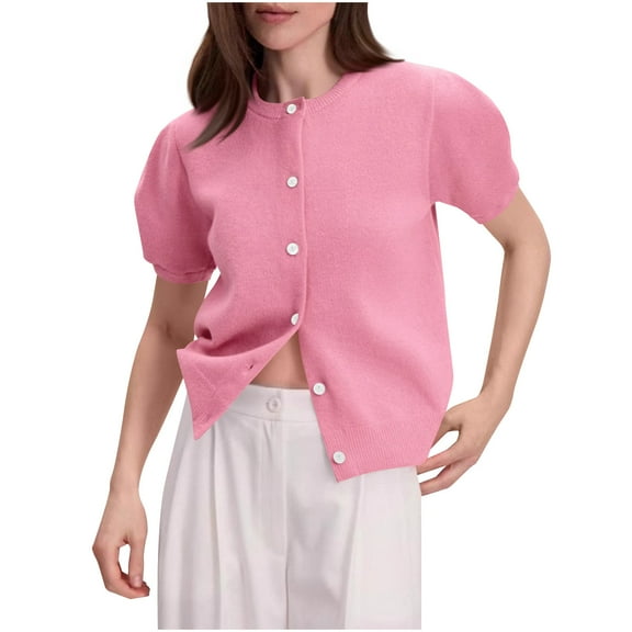 Short Sleeve Cardigan Sweater for Women Button Front Knitwear Cardigans Soft Cotton Crew Neck Sweater Tops Pink, L
