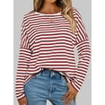 thumbnail image 4 of Womens Long Sleeve Shirts Striped Color Block Tops Fall Fashion Clothing Crewneck Tee Blouses Red & White M, 4 of 8
