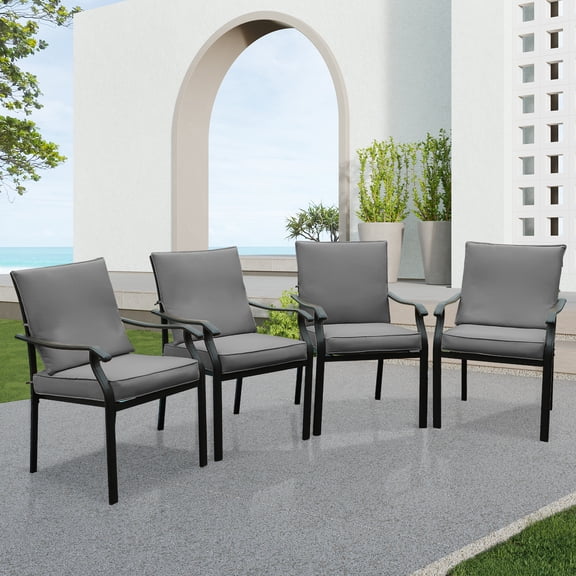 4 Pieces Patio Dining Chairs, Outdoor Metal Chairs with Armrests & Cushion, Metal Frame Stackable Patio Dining Chairs, Wrought Iron Outdoor Chairs for Garden, Balcony, Deck (4 Pieces, Gray Cushion)