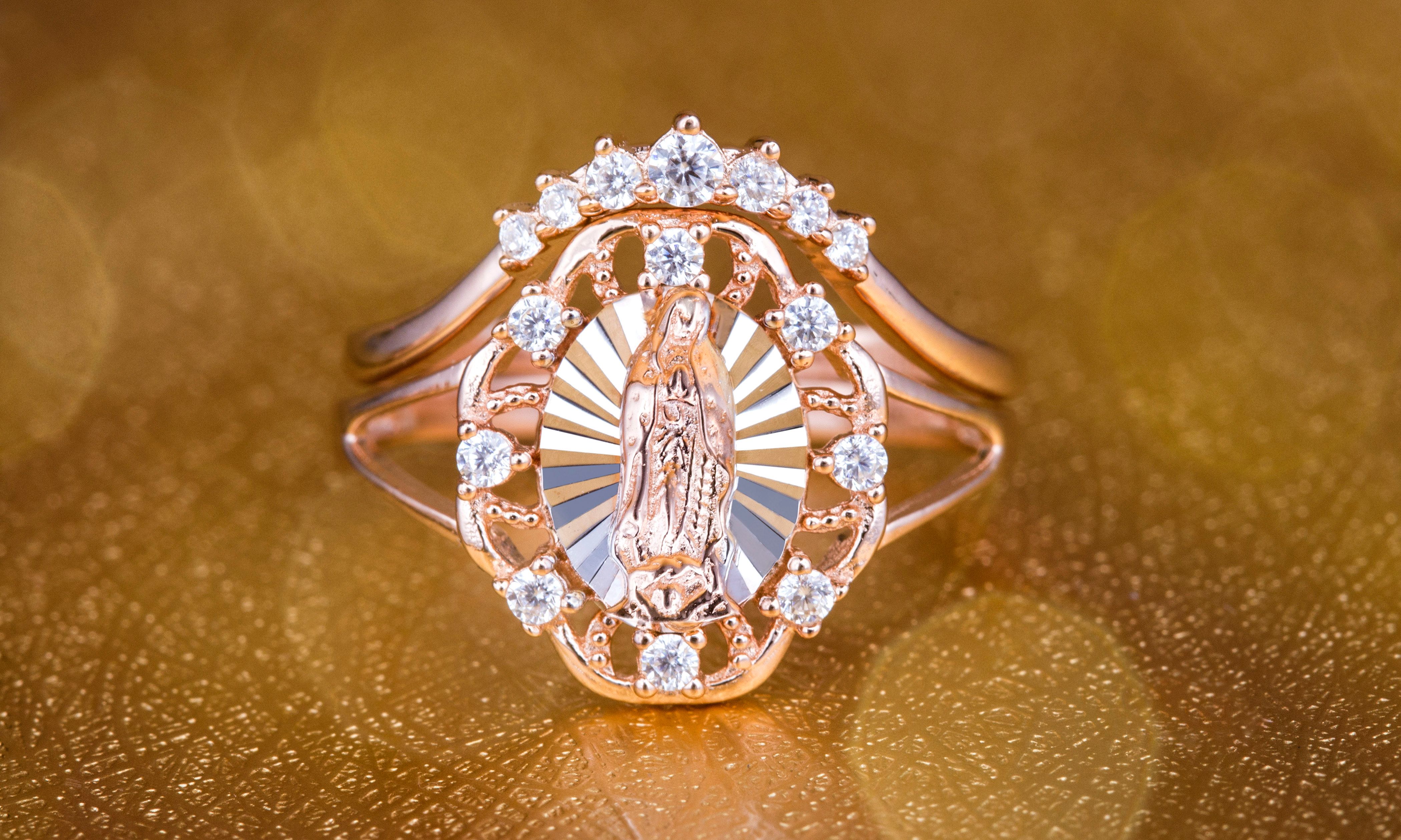 My Bible Women's White Cubic Zirconia Two Tone Virgin Mary Ring in Yellow Gold and Rhodium Plated Sterling Silver