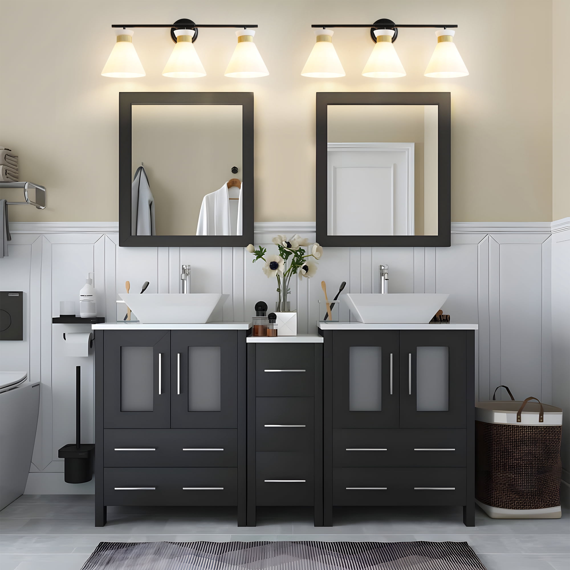 3-Lights Vanity Lights for Bathroom Black and Gold Wall Sconce Lighting with Frosted Milky Glass for Over Mirror Bedroom Hallway