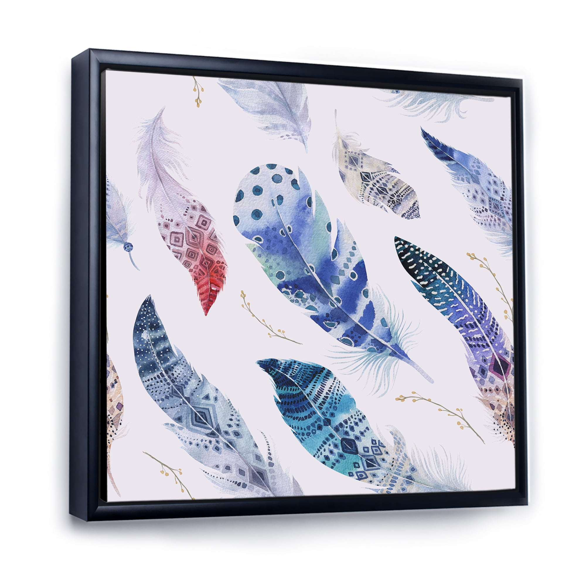 Designart 'Elegant Blue Boho Art Feathers' Bohemian & Eclectic Framed Canvas Wall Art Print