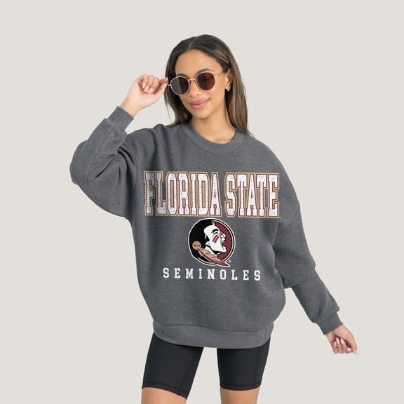 Women's Gameday Couture  Heather Charcoal Florida State Seminoles Oversized Distressed Fleece Pullover Sweatshirt