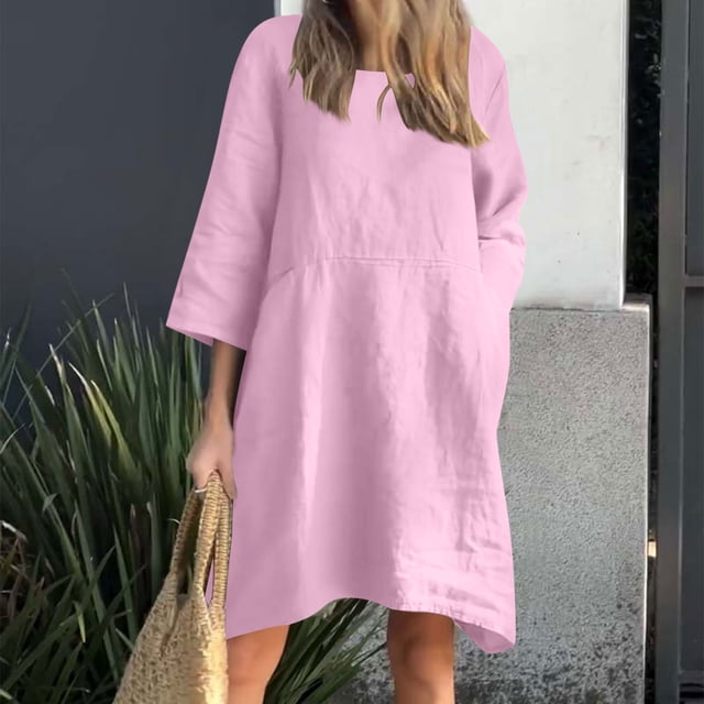 Liquidation d'Été 2025! Robe Grande Taille pour Femmes, Liquidation de Robe d'Été pour Femmes, Robe Décontractée à Manches 3/4 Col Rond Imitation Coton et Lin Couleur Unie avec Poches