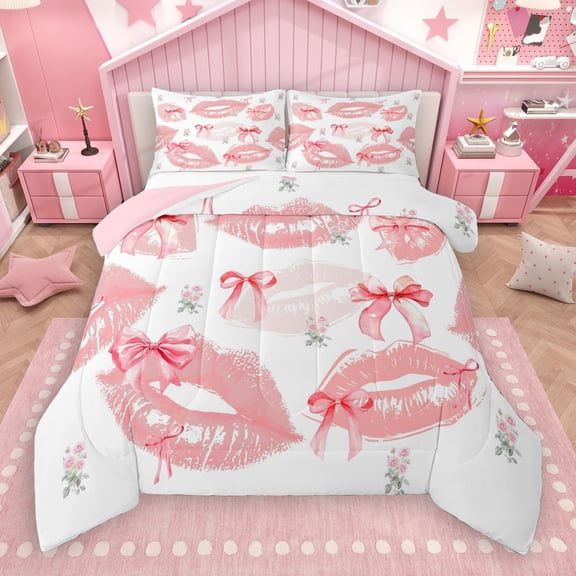Castle Fairy Kawaii Pink Bowknot 2Pcs Bedding Comforter Set for Teens Girls Women,Floral Rose Twin Comforter Sets,Dreamy Princess Breathable Bedding Set,Breathable Home Decor