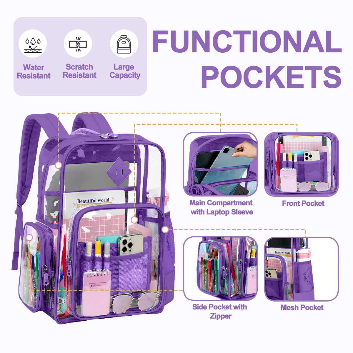Sanmadrola Clear Backpack Heavy Duty Stadium Approved School Bookbag PVC Backpacks for Adults Travel