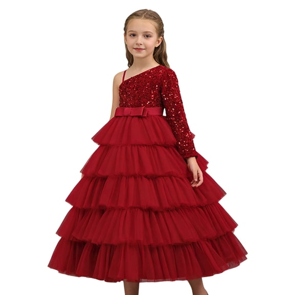 RUTAYY Teen Girls Dress Sequins Solid Color Birthday Party Piano Recital Evening Gown One Shoulder Tutu Casual Classic Dresses