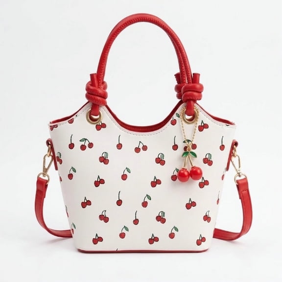 Cute cherry‑print mini handbag designed for women, made of faux leather, equipped with detachable and adjustable crossbody strap at top. This fruit‑patterned shoulder bag fits daily outings, dates