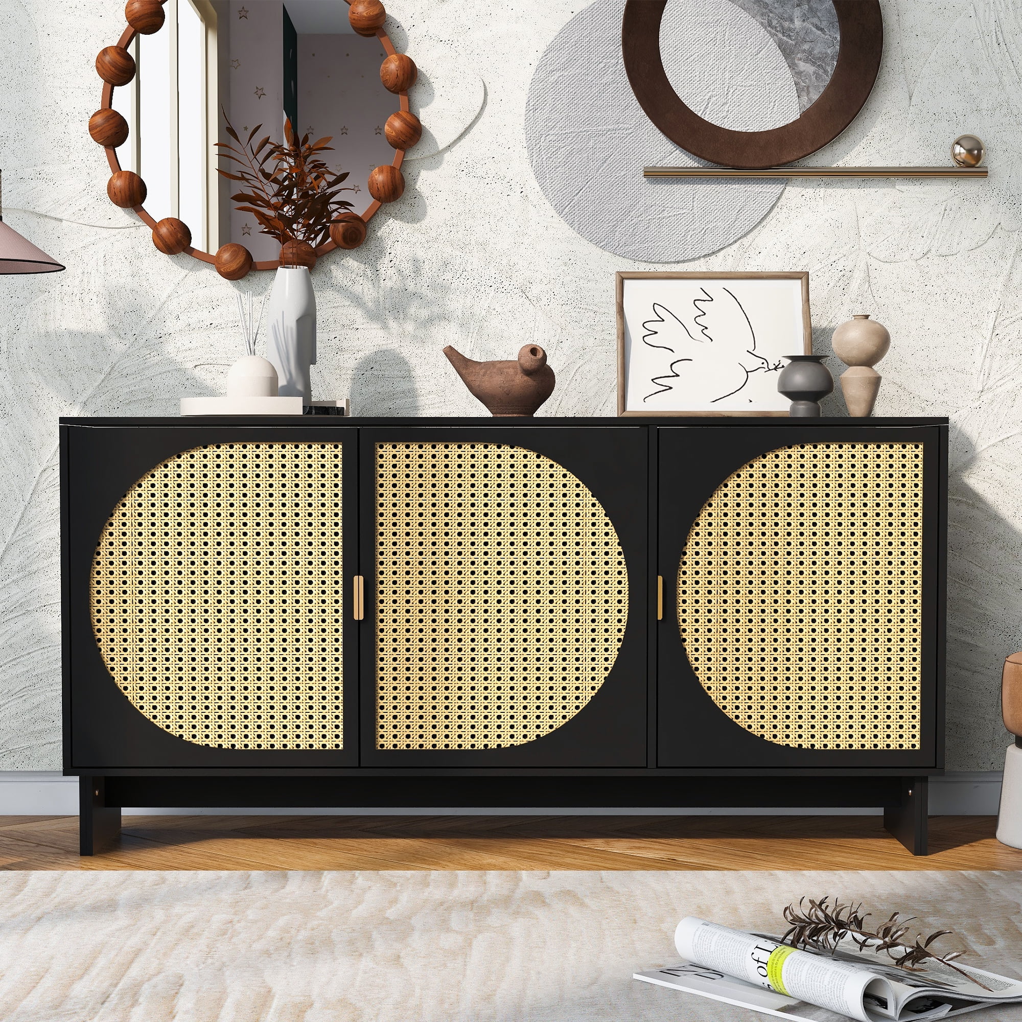 Rattan door black modern storage cabinet