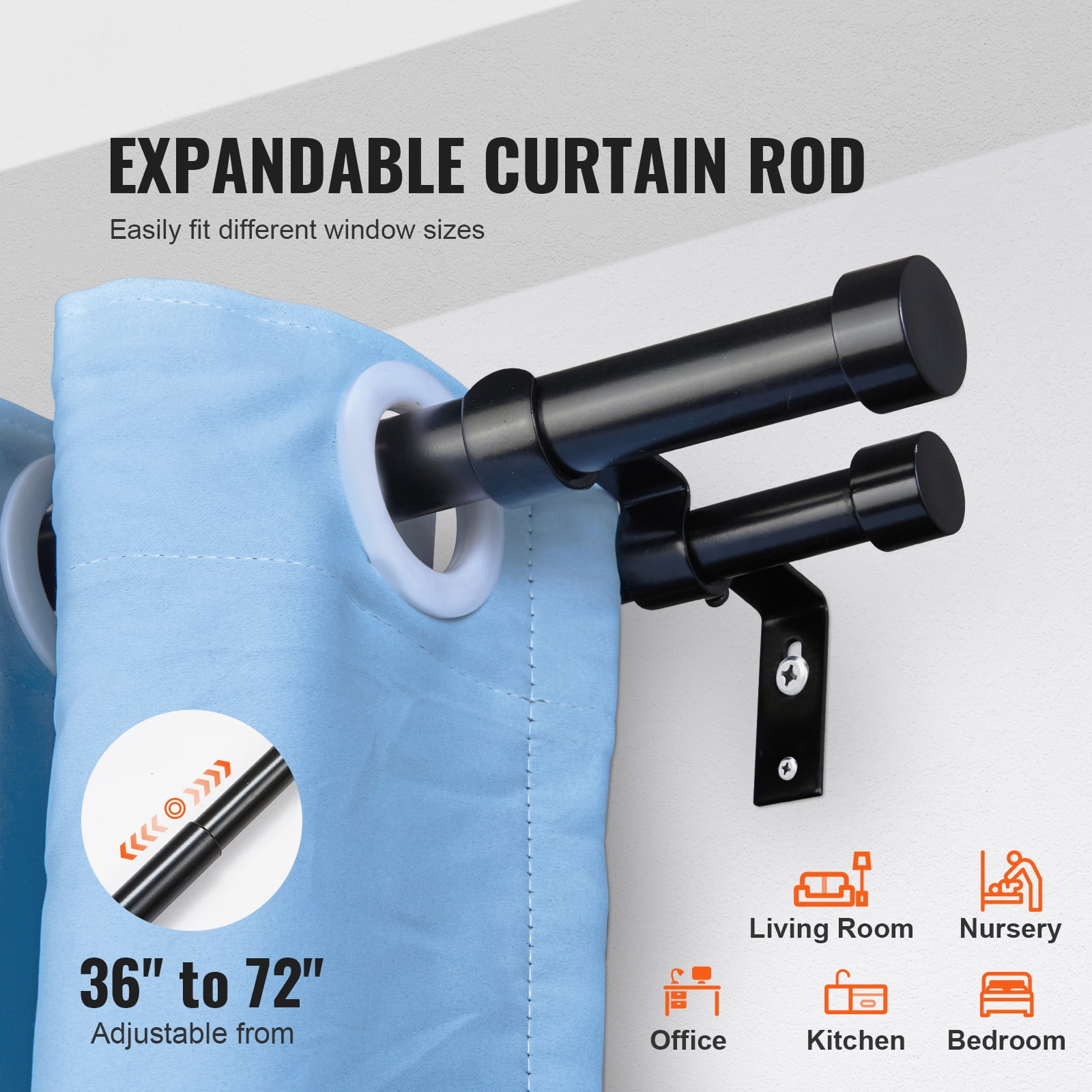 BENTISM Double Curtain Rods for Windows 36 to 72 inches(3-6ft), Adjustable Telescoping Double Curtain Rod with with Cap Finials, 1" and 3/4" Diameter, Heavy Duty Double Drapery Rod for Sheer and Blac