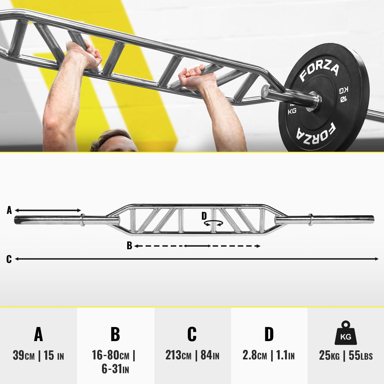 FORZA Olympic Swiss Bar [55lb] | Multi-Grip Barbell for Strength Training - Ideal for Home & Commercial Gyms