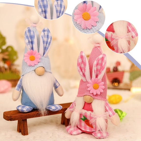 Easter Decorations Faceless Gnomes, Bunny-Eared Couple Dolls With Blue-White Plaid Design & Floral Accents, Handmade Forest Man & Apron Gnome Decor For Easter, Spring Parties,