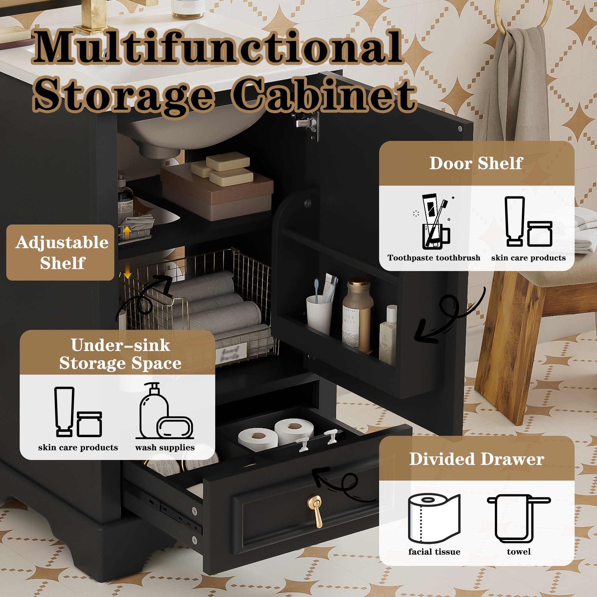 20 Inch Bathroom Vanity with Ceramic Sink, Soft Close Door, Adjustable Shelf & Storage Rack, Space-Saving Modern Vanity for Small Bathrooms,Black