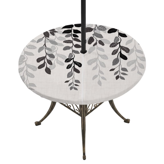 Round Outdoor Tablecloth with Umbrella Hole and Zipper, Grey Ombre Botanical Fitted Table Cover with Elastic Edge for 36-44 Inch, Watercolor Gray Pastoral Leaf Rustic Waterproof Patio Tablecoths