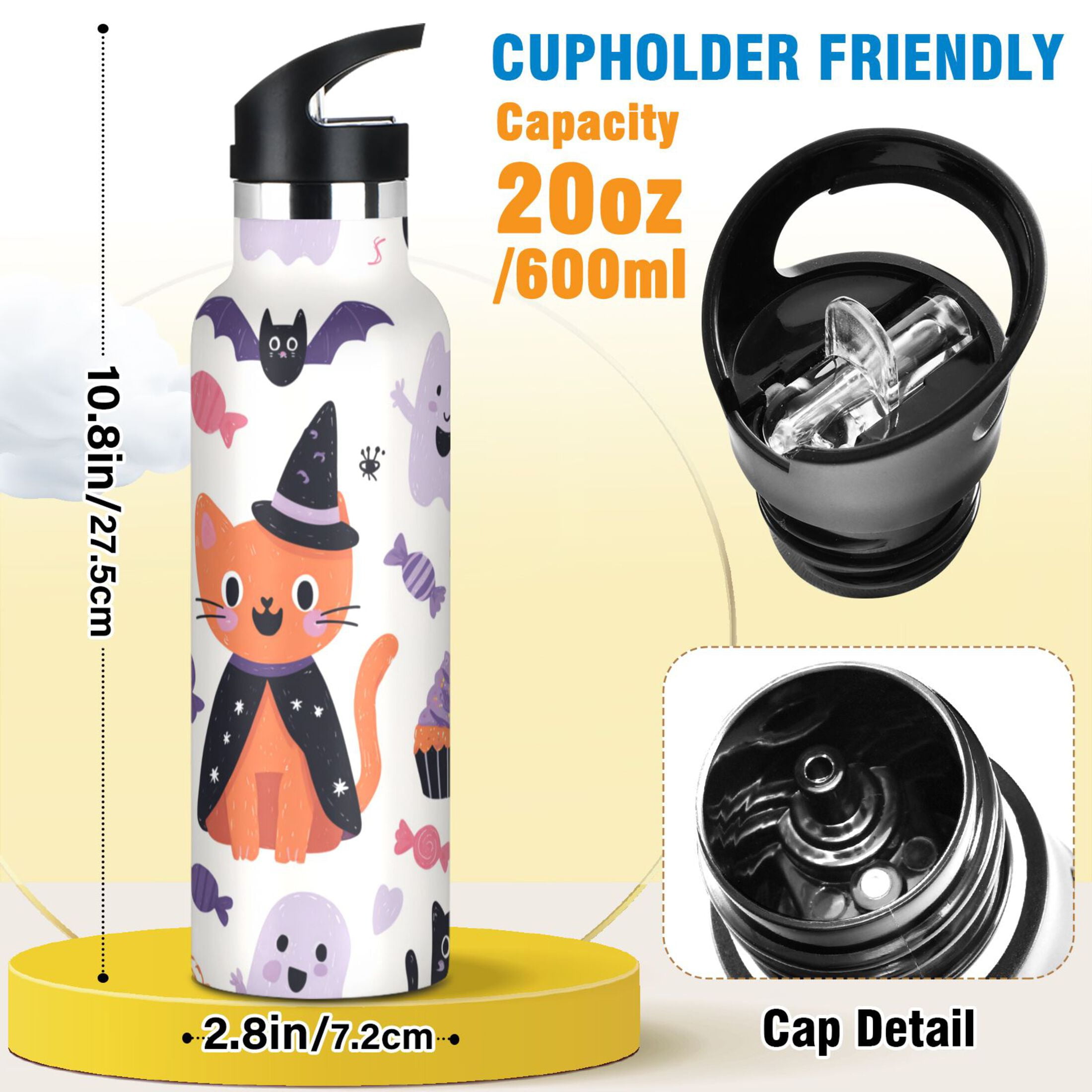 Kids Insulated Stainless Steel Sports Water Bottle 600ml (20oz) Purple Cat and Orange Cat