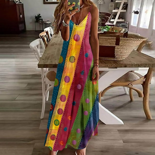 Babysbule Liquidation Robes d'Été pour Femmes, Robe d'Été Décontractée pour Femmes à Imprimé, Col en V, Sans Manches, Grande Taille, à Bretelles Spaghetti
