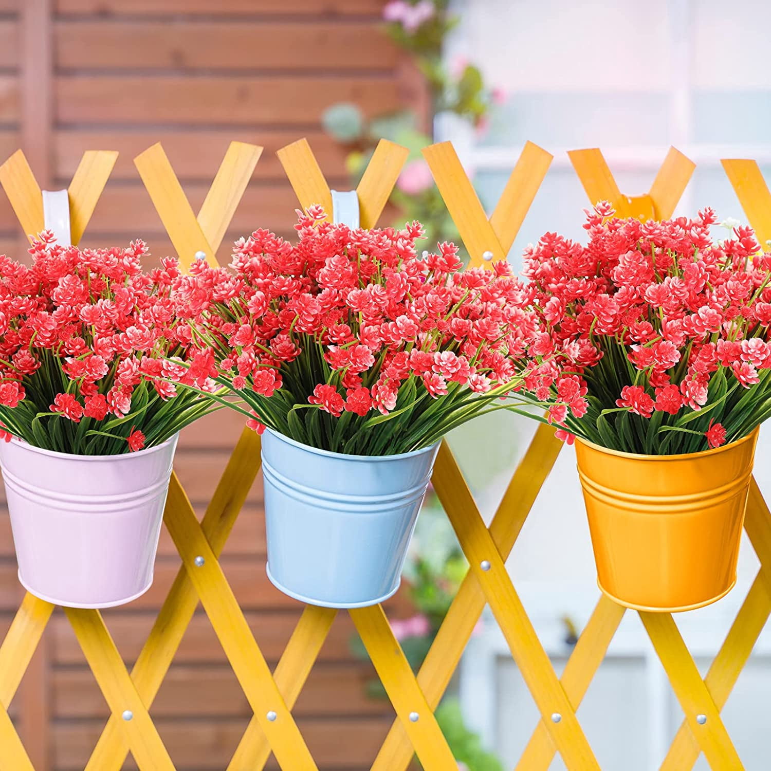 Viworld 24 Pcs Daffodil Artificial Outdoor Flowers UV Resistant Artificial Plants Fake Plastic Flowers for Decoration Faux Shrubs Plants for Garden Porch Window Box Wedding Home Farmhouse Decor(Red)