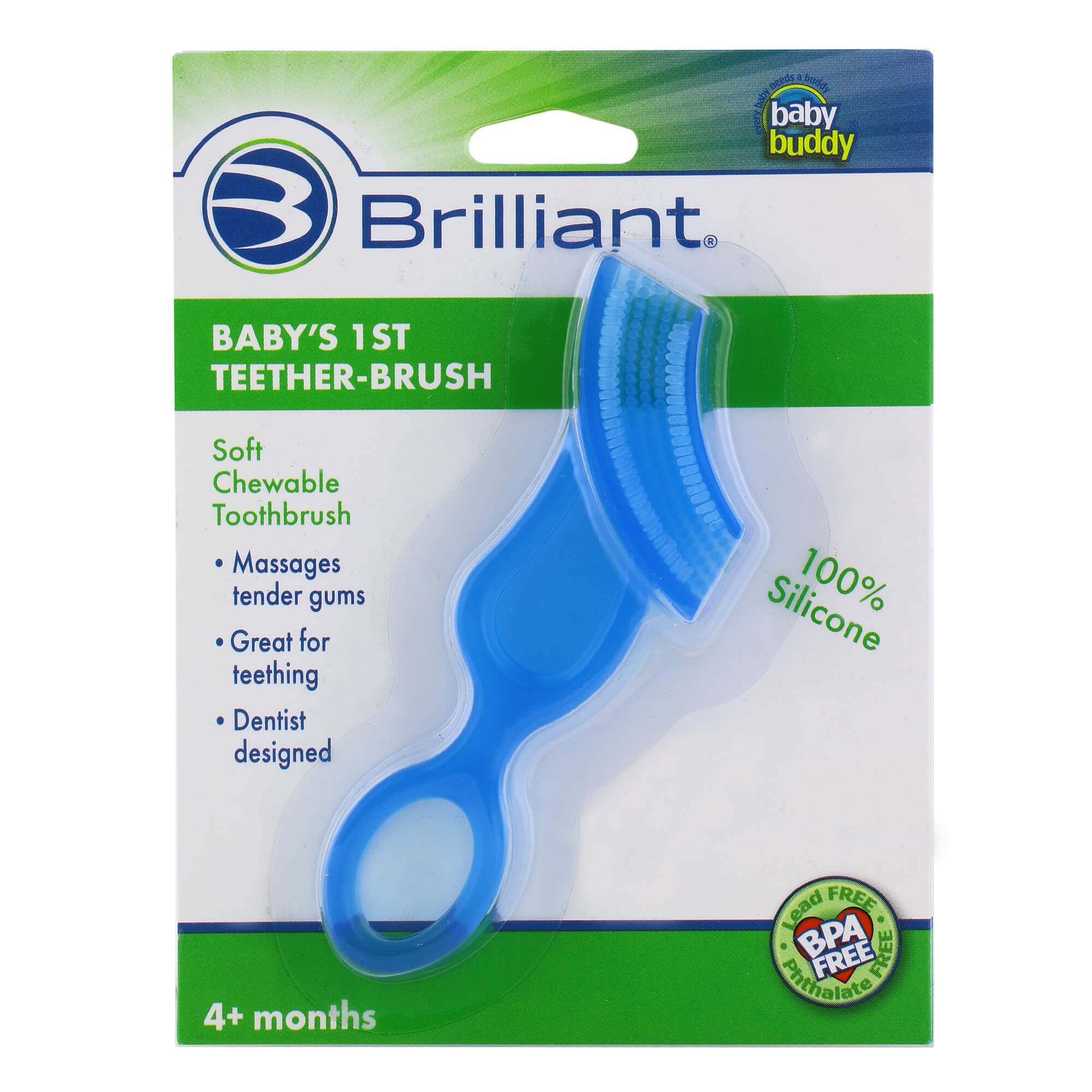 Brilliant Babys 1st Toothbrush Teether, Chewable Silicone, No-BPA First Brush for Babies and Toddlers, Blue, 1 Count