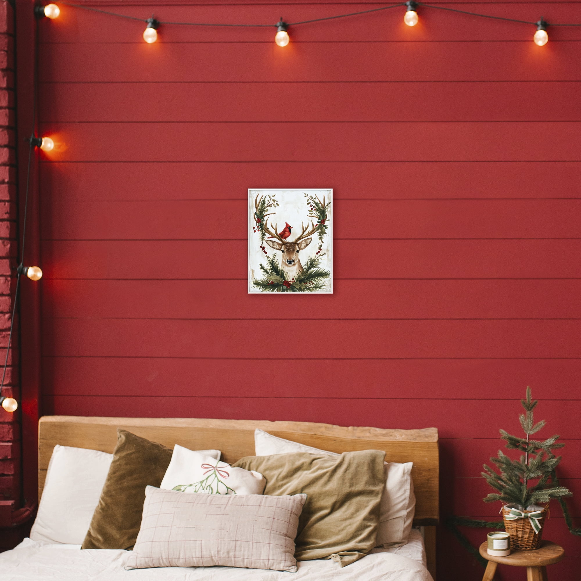 Stupell Industries Cardinal & Deer with Festive Flora White Framed Giclee Art, design by Acorn & Ivory Designs
