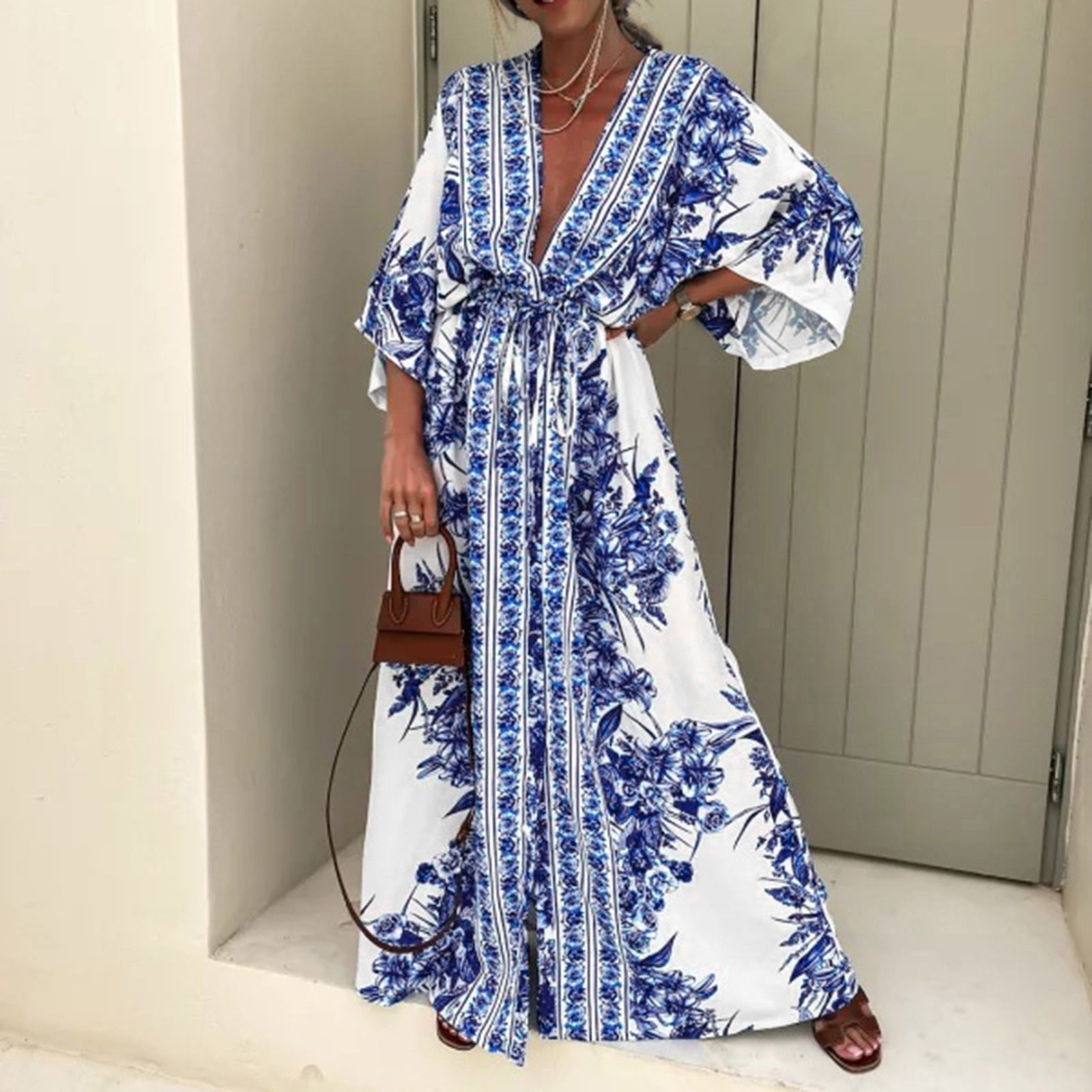 Shein Ladies Long Dresses SHEIN LUNE Allover Print Flare Sleeve Belted Dress  Maxi Women Outfit SHEIN