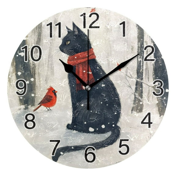 Ryvnso Cat and Bird in Winter Wall Clock Non Ticking Silent Kitchen Clock Battery Operated Clocks 10 inch