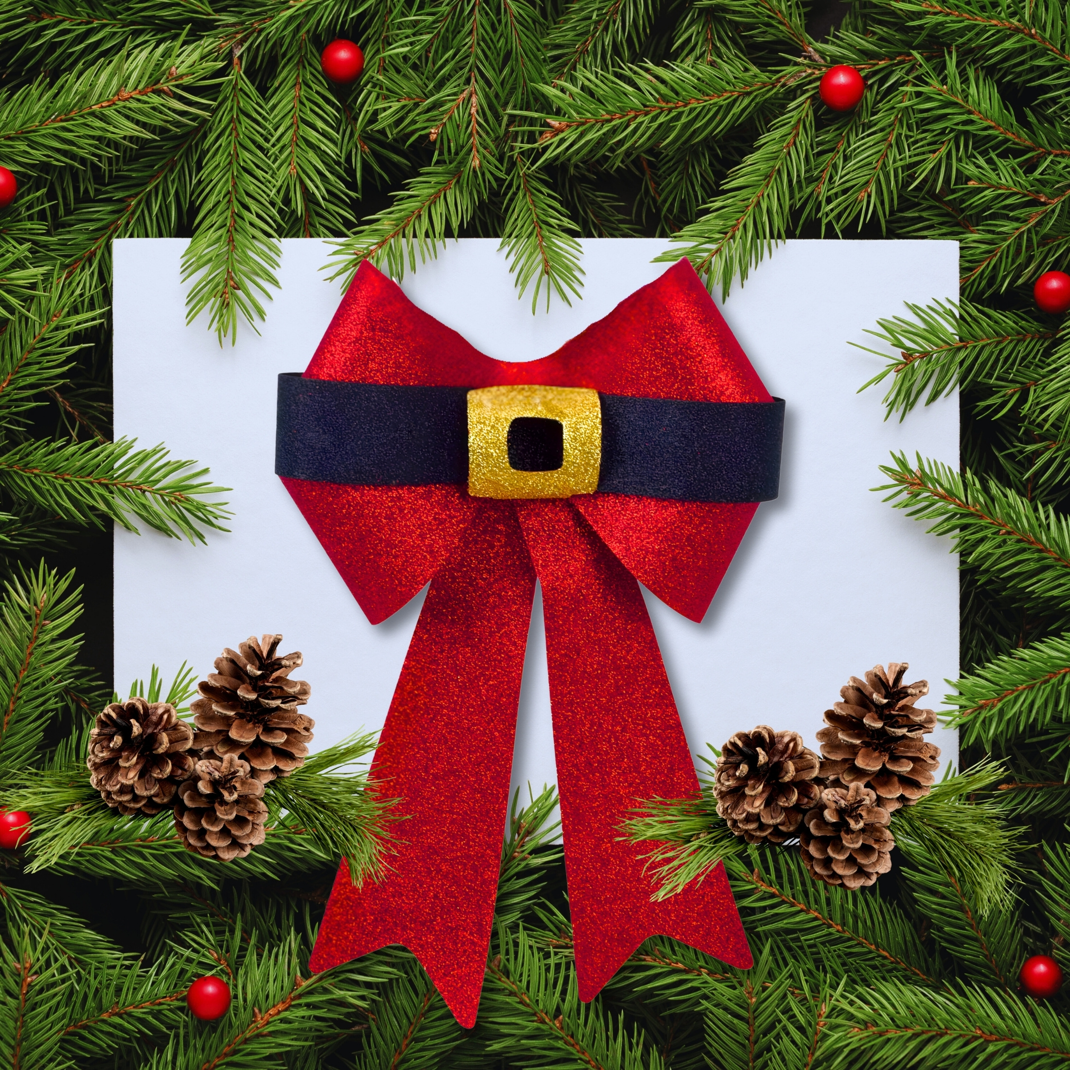 4-Pack Large Red Glitter Santa Belt Bows, 13in. x 9in. Christmas Decorative Ribbon with Black Belt and Gold Buckle for Door Wreaths Garlands Trees Holiday Decor