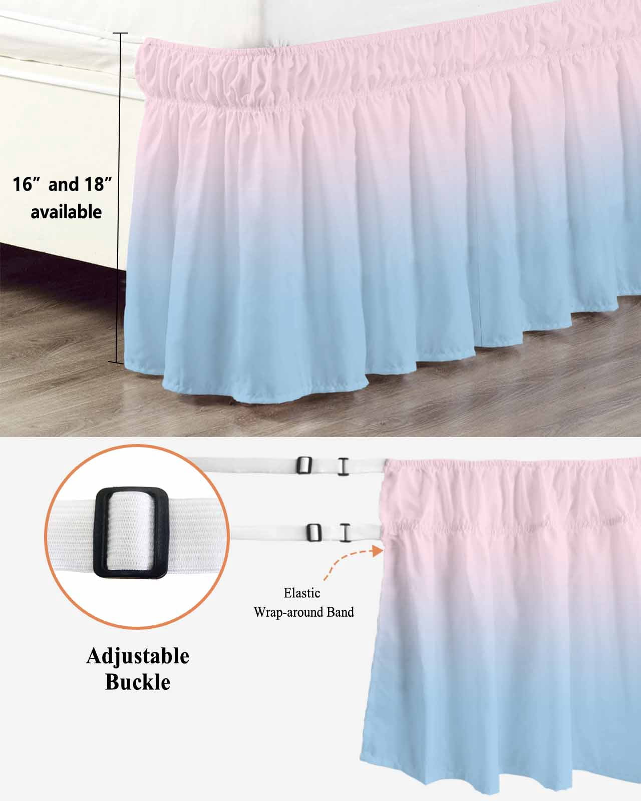 Minimalist Pink Bed Skirt and Blue Gradient Bed Skirts Queen Size 18 Inch Drop, Wrap Around Dust Ruffle&nbsp;Bedskirt with Adjustable Elastic Belt for Queen Size Beds